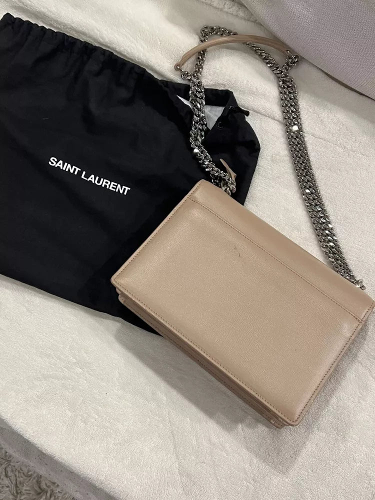 Authentic YSL Saint Laurent Sunset Chained Medium Shoulder Bag Beige