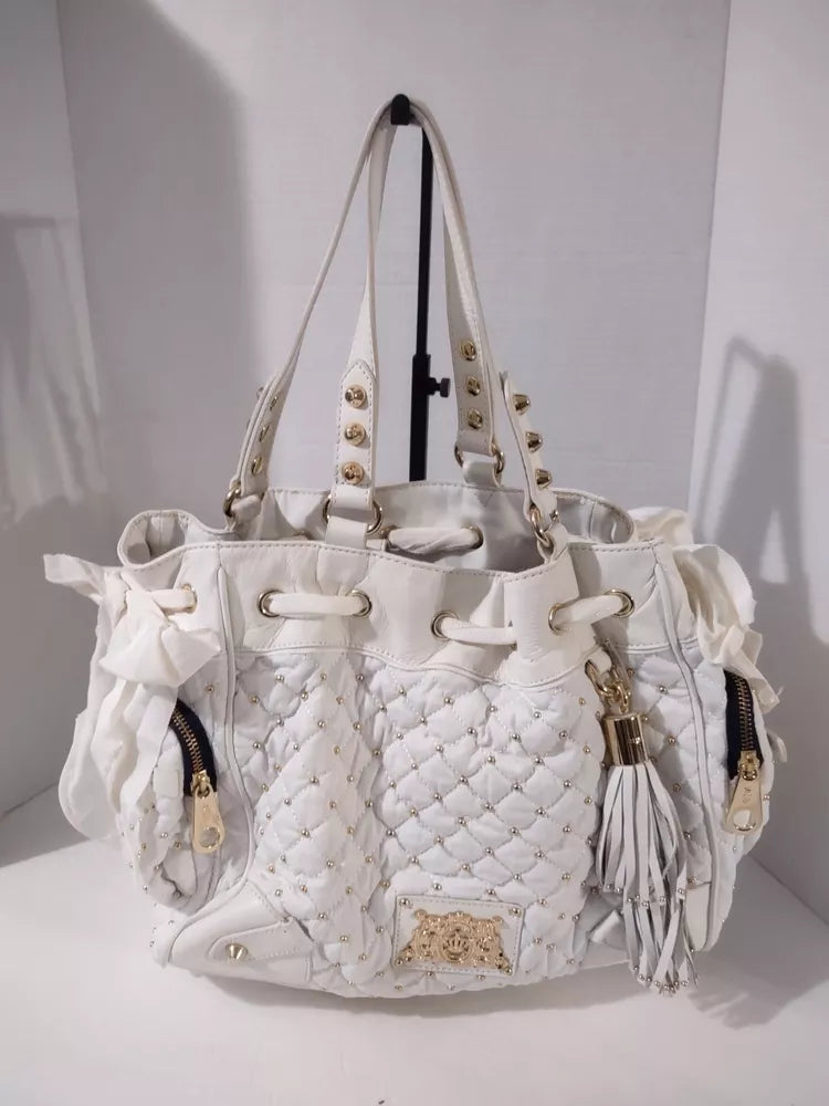 Juicy Couture Large Leather White Gold Beaded Bag Purse