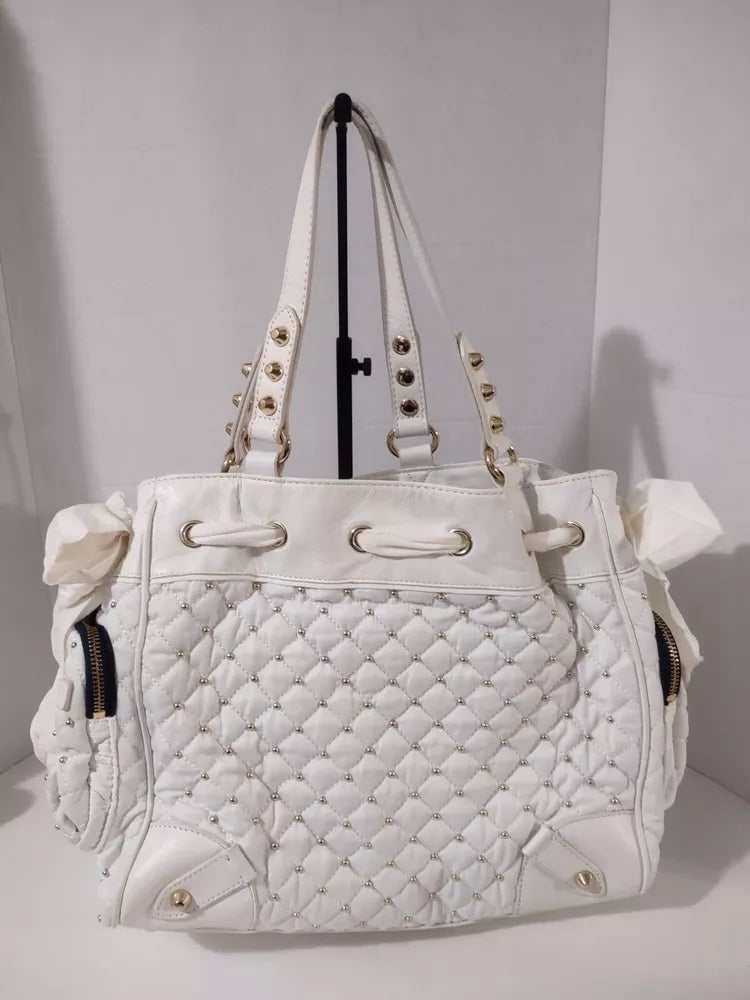 Juicy Couture Large Leather White Gold Beaded Bag Purse